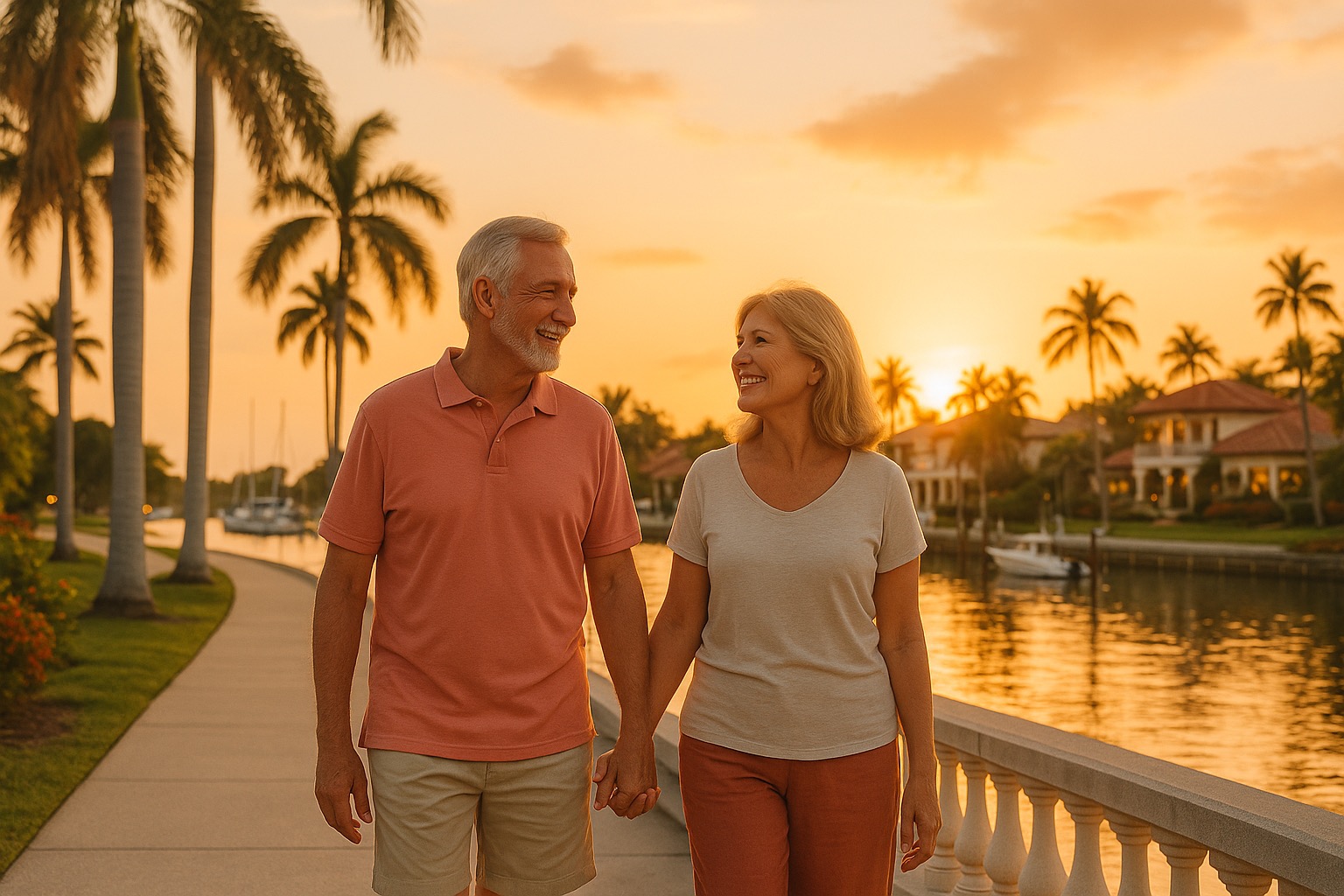Snowbird Guide to Tampa Bay Real Estate 2025: Mature couple walking hand-in-hand along beautiful Tampa Bay waterfront at sunset with palm trees and waterfront homes