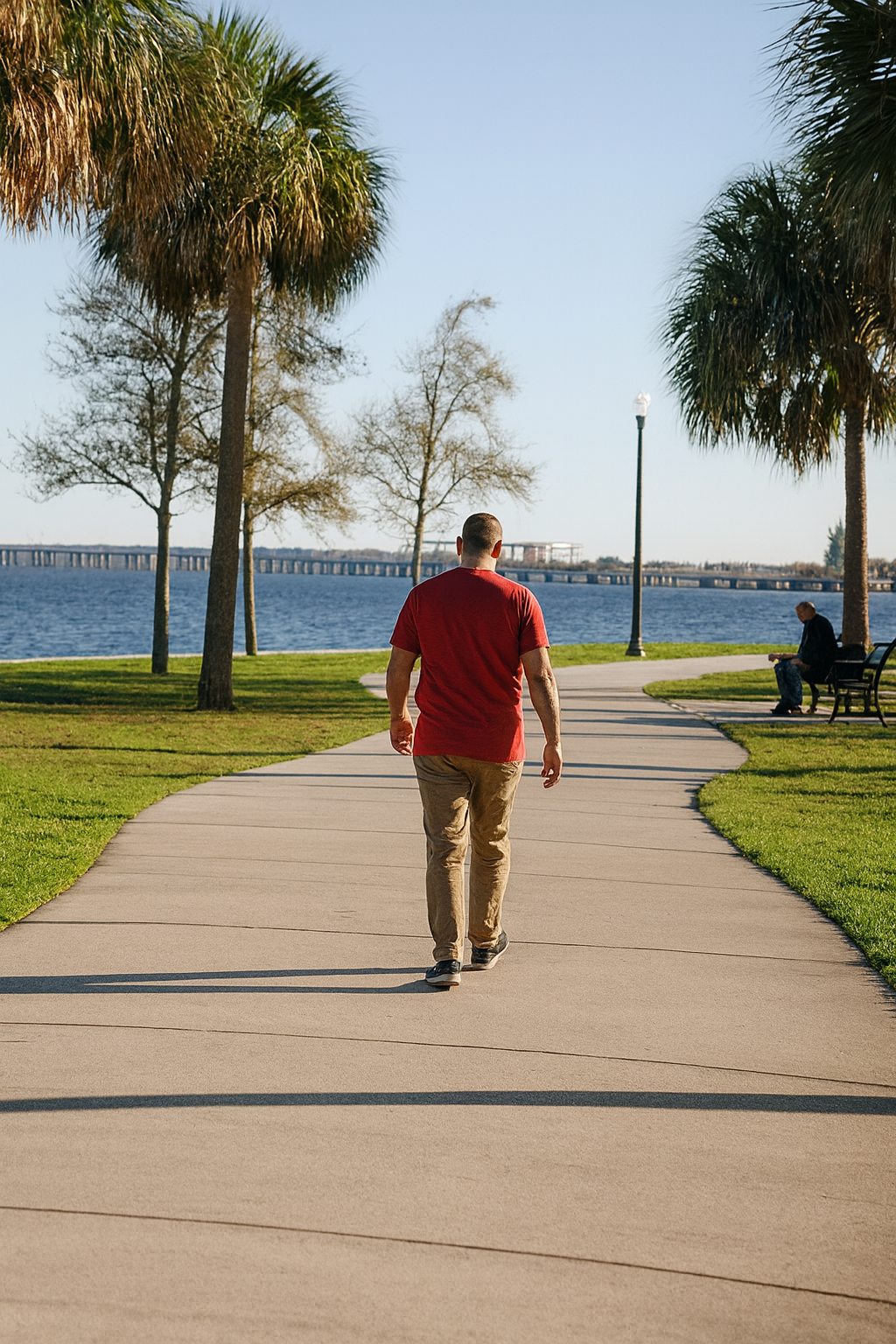Person walking along the waterfront path in Vinoy Park, St. Petersburg