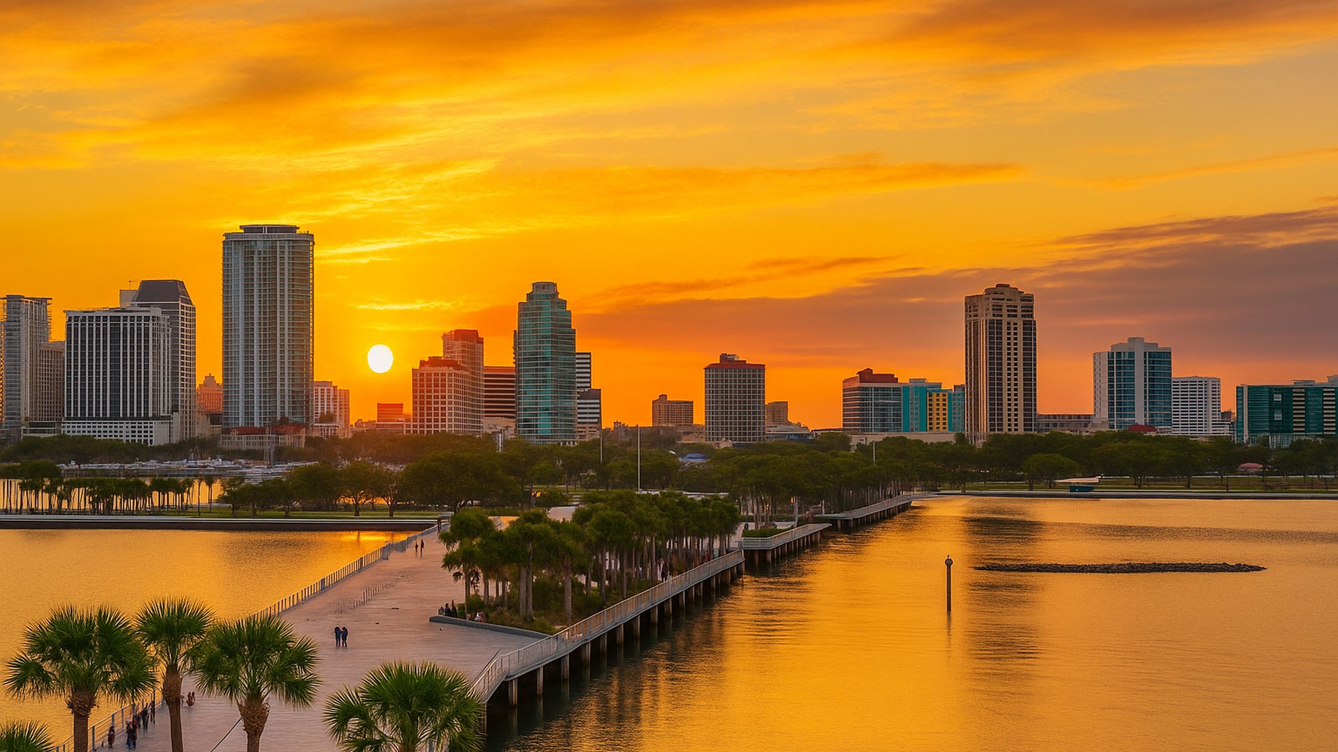 Sunset cityscape over Pinellas County waterfront with modern skyline and palm trees