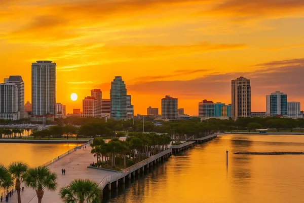 Sunset cityscape over Pinellas County waterfront with modern skyline and palm trees