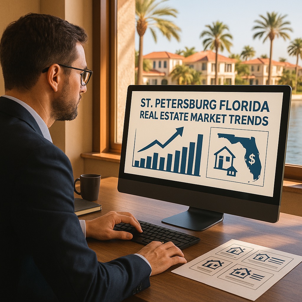 St. Petersburg Florida Real Estate Market Trends 2025: Professional real estate agent analyzing market data and charts with beautiful St. Petersburg waterfront homes - Expert market insights
