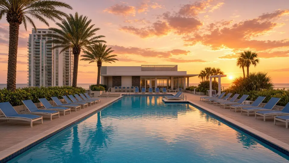 Rooftop pool and lounge chairs at a downtown St. Pete apartment tower at sunset