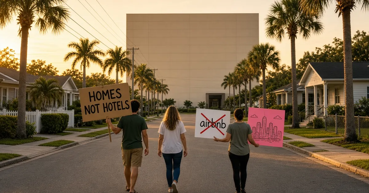Florida residents holding HOMES NOT HOTELS signs outside a county building on a palm-lined street at golden hour