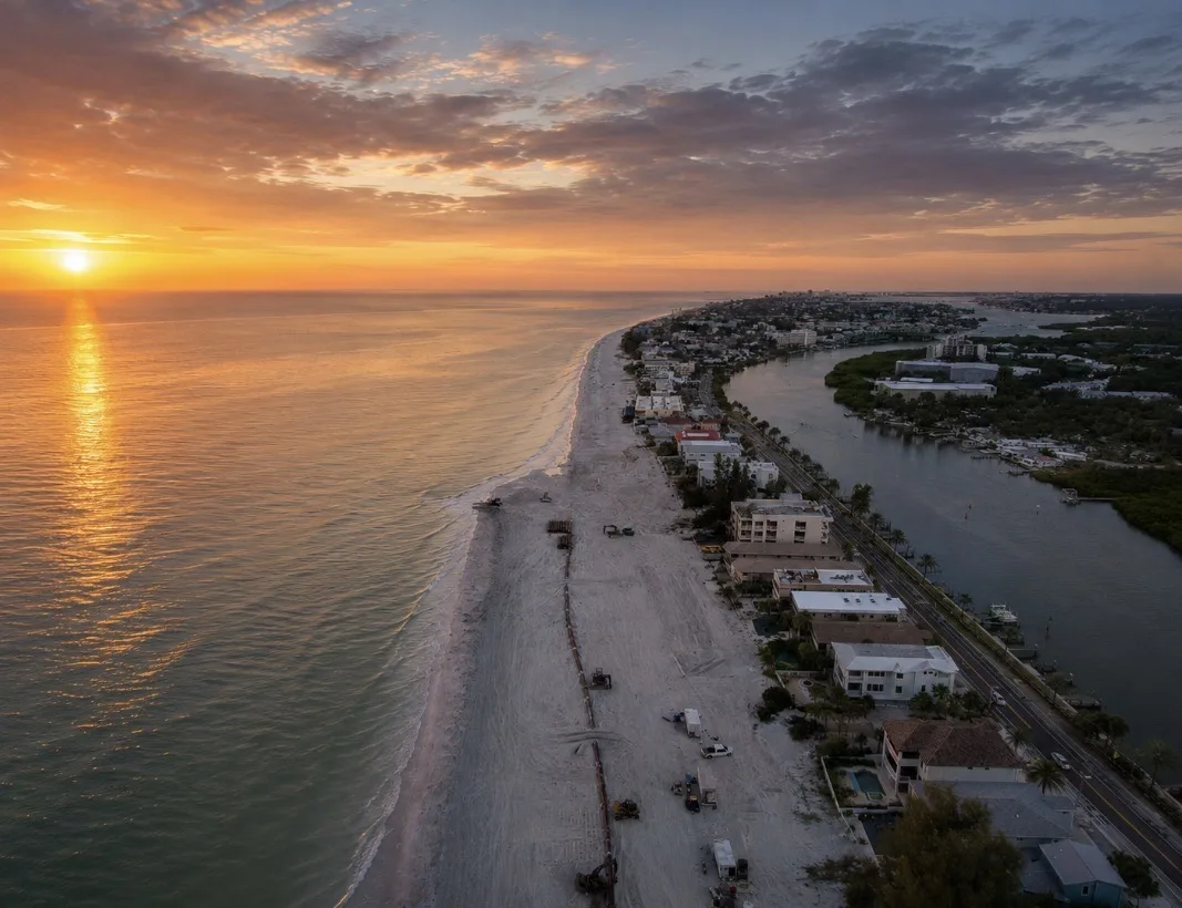 Sunset aerial view of Indian Rocks Beach and Indian Shores coastline for Gulf beach STR buyer due diligence