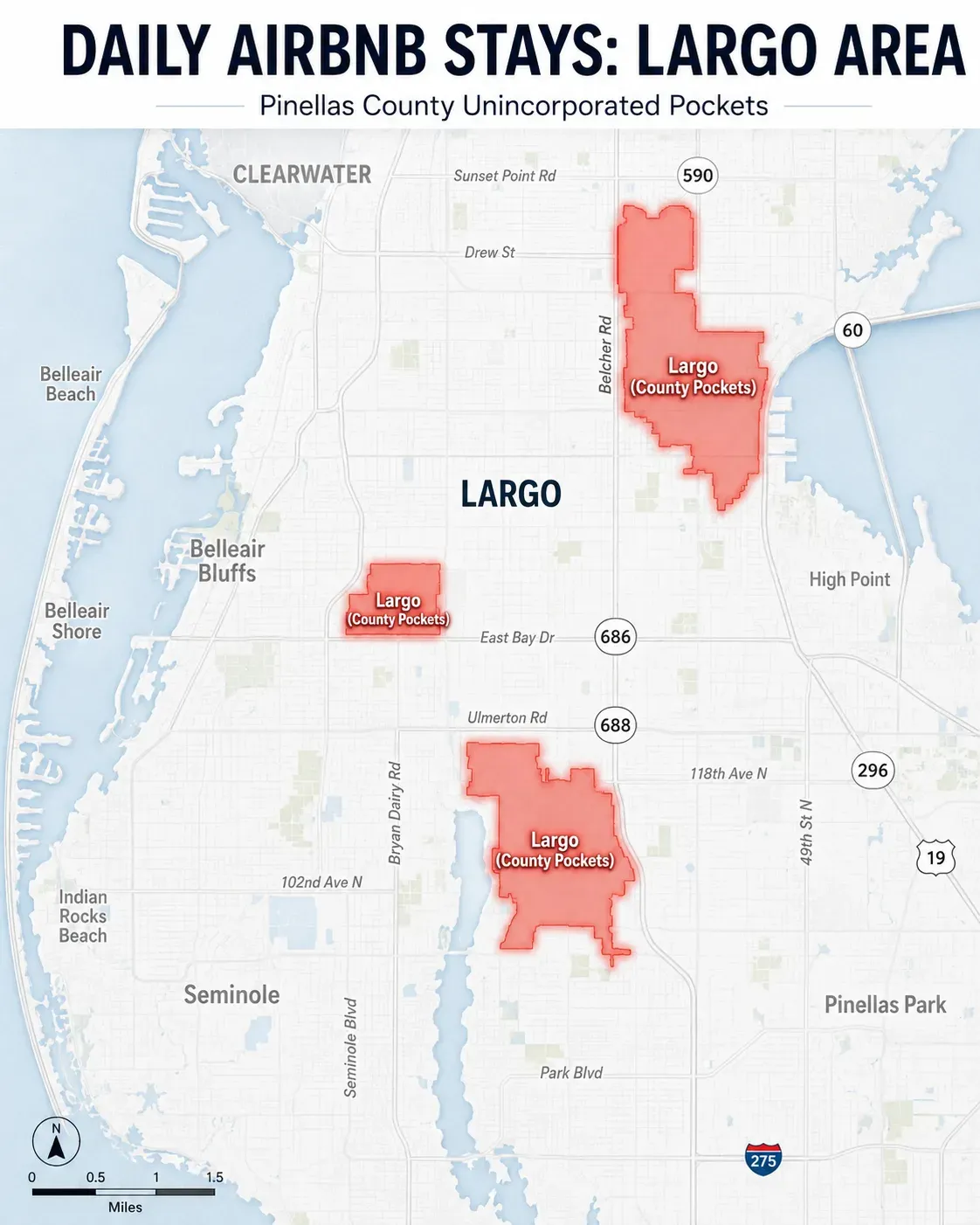Largo-area map pointing out unincorporated Pinellas County STR pockets