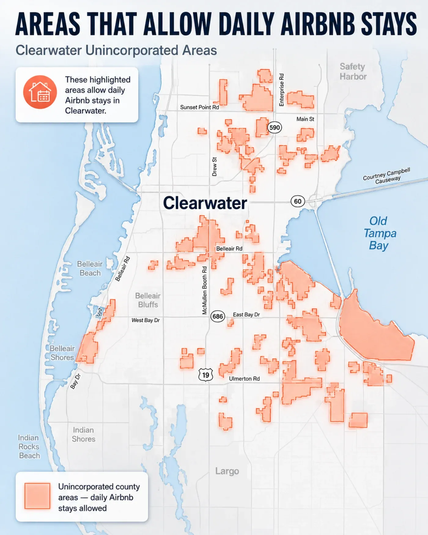 Map of unincorporated Pinellas County areas around Clearwater where county short-term rental rules may apply