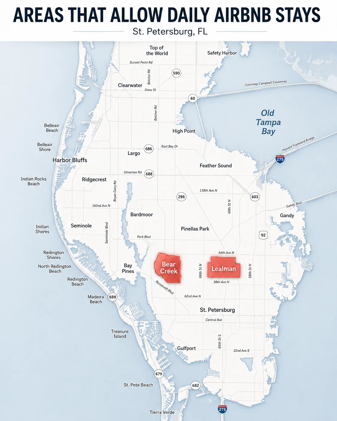 Map of St. Petersburg area highlighting Bear Creek and Lealman as unincorporated areas to verify for daily Airbnb stays