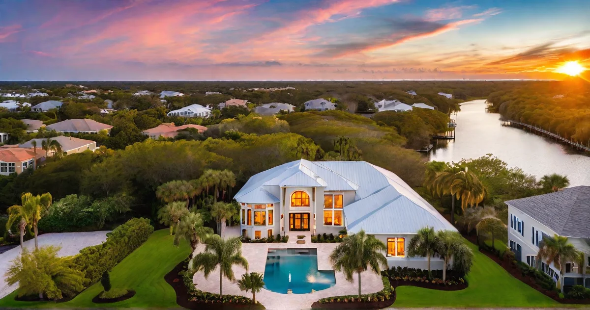 Aerial view of the region luxury waterfront homes at sunset showcasing waterfront estates
