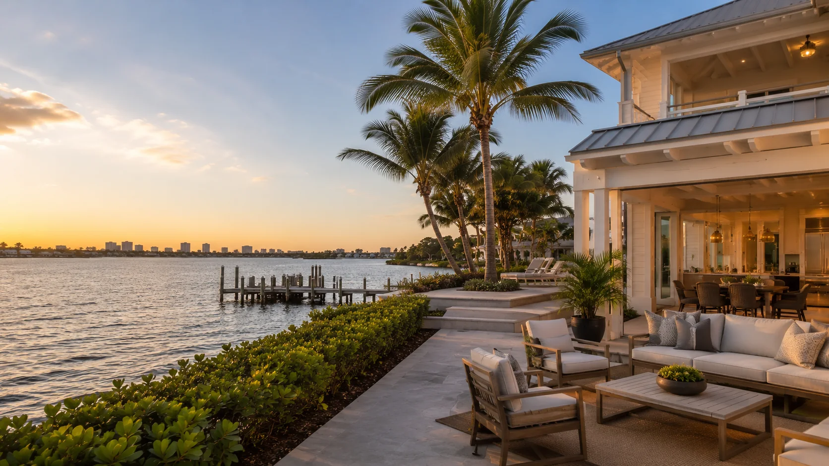 Waterfront Tampa Bay home with palms and outdoor living at sunset