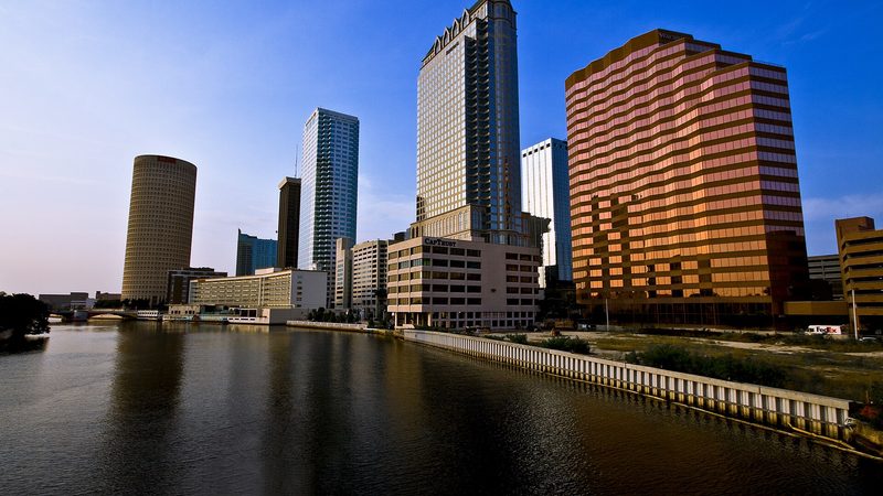 Downtown Tampa skyline and Rivergate Tower beside the Hillsborough River