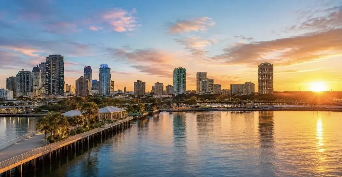 Downtown St. Petersburg skyline at sunset over Tampa Bay
